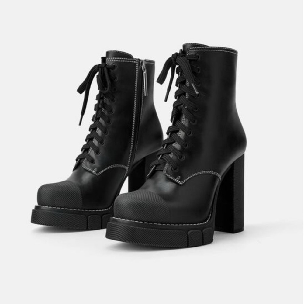 Zara Lug Sole High Heel Platform Combat Moto Boots, Size 38 (US 7.5)